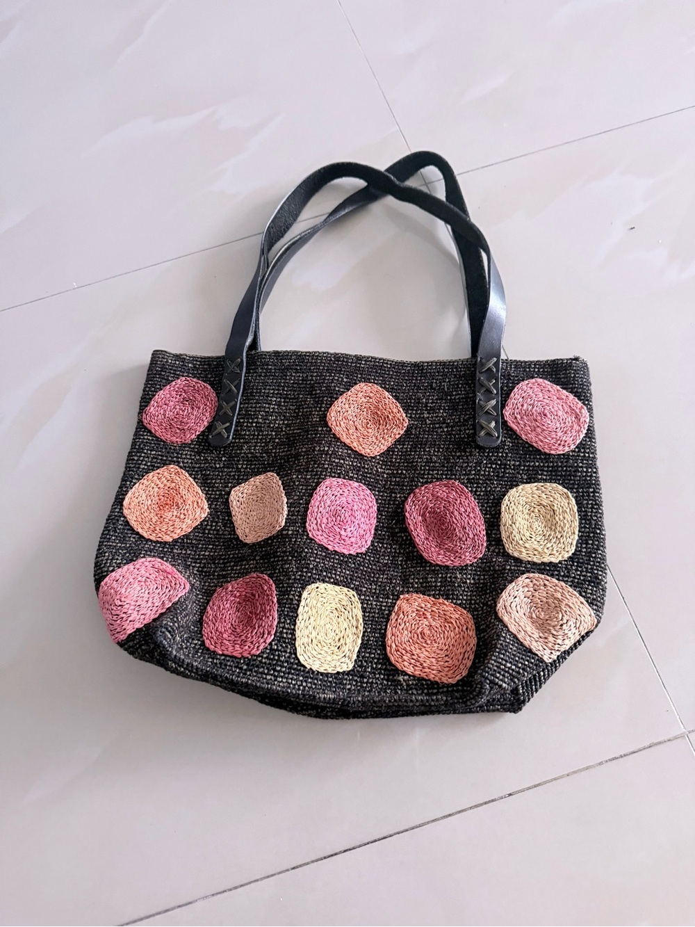 Annabel Ingall Black Tote with Pink, Peach & Cream Circles